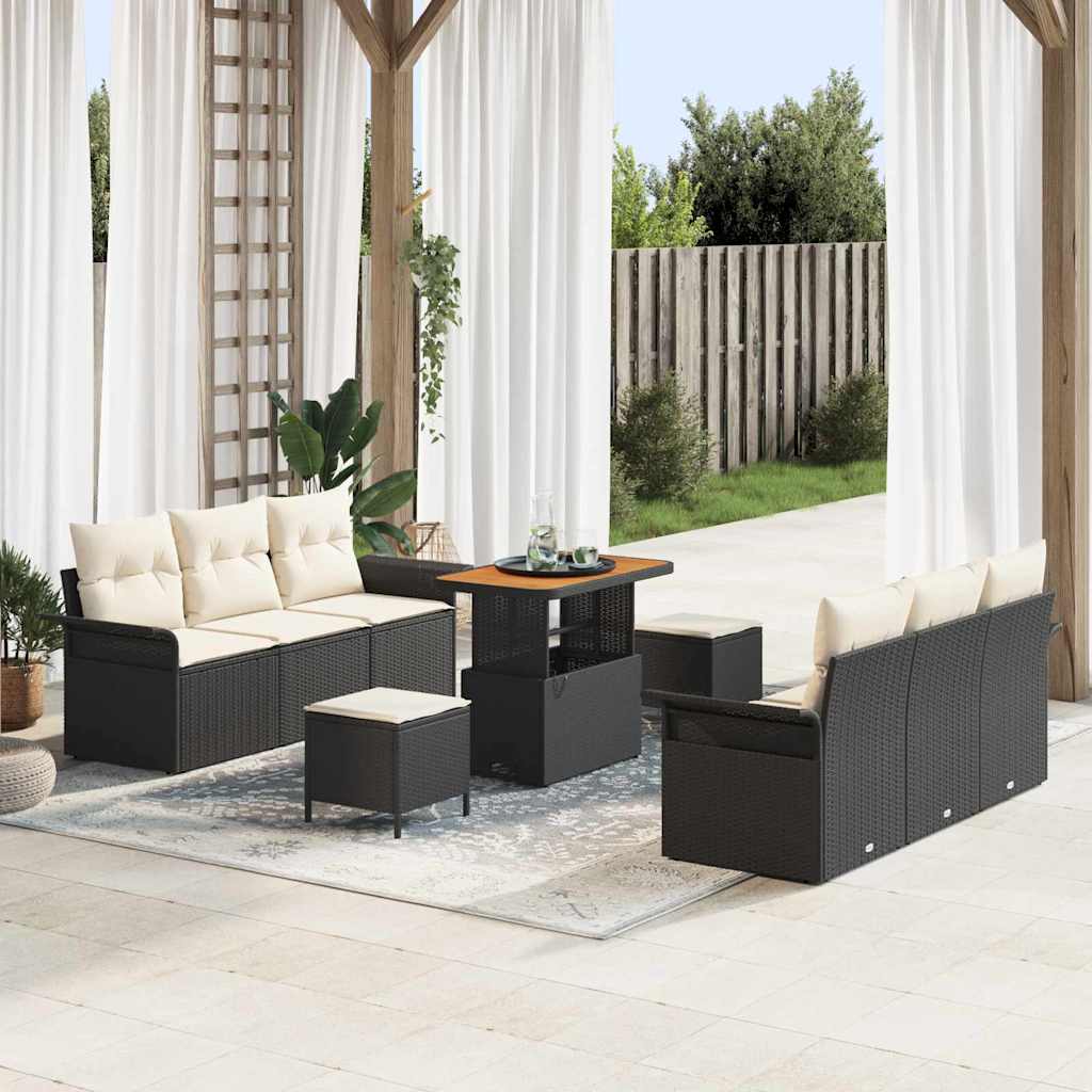 Garden Sofa Set with Cushions 9 pcs Black Poly Rattan