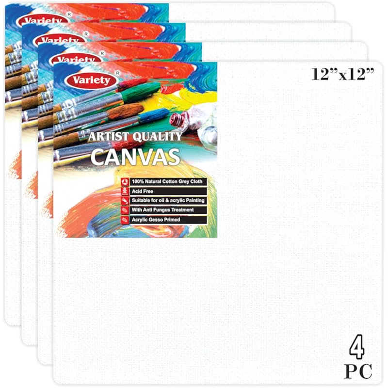 VARIETY CANVAS 12 X 12 Inch Cotton Canvas Board for Painting, 7OZ Primed, Pack of 4 Piece - White