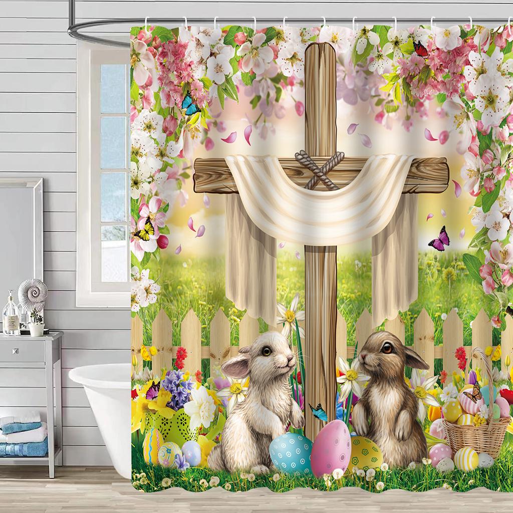 Easter Rabbit Waterproof And Mildew-Proof Polyester Bathroom Shower Curtain Shower Curtain Partition Curtain Free Of Punching