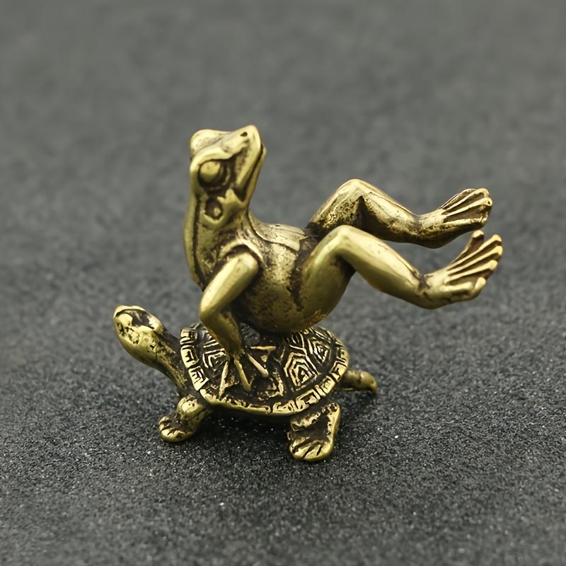 Frog Sitting on Turtle Fun Ornament | Brass Creative Tea Pet Vintage, Small Desktop Furniture Decoration, For Various Room Types