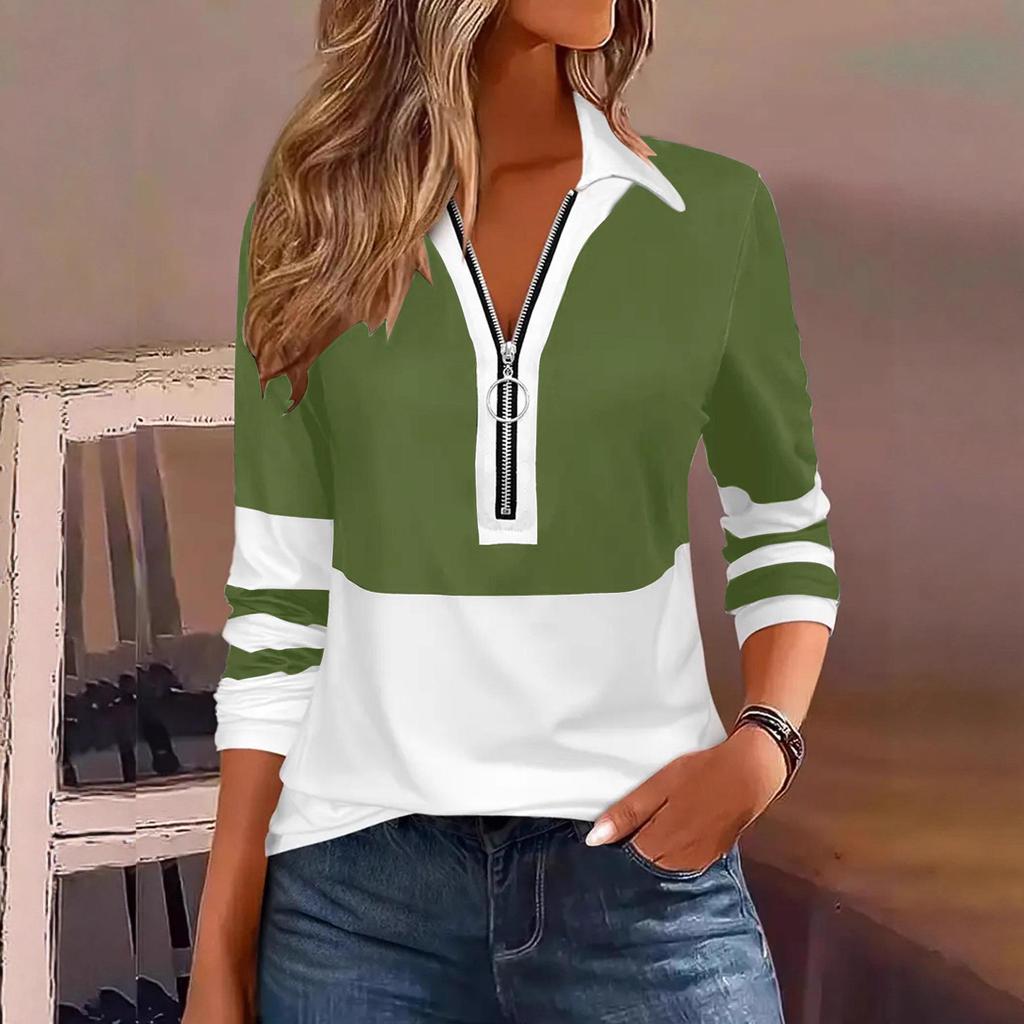 2025 Women's Spring/Summer Fashion Casual Print Turn-Down Collar Zipper Long Sleeve T-shirt