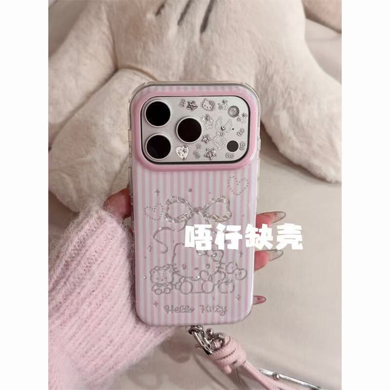 Cute Vermicelli Pattern Bow Bear Cat Round Edge Double Layer Apple Suitable for 17promax/16/15 Mobile Phone Case