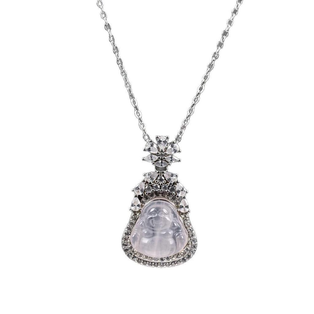 S925 Sterling Silver Rose Quartz Buddha Pendant Necklace - Chinese Style, Light Luxury, High-End Clavicle Chain X145