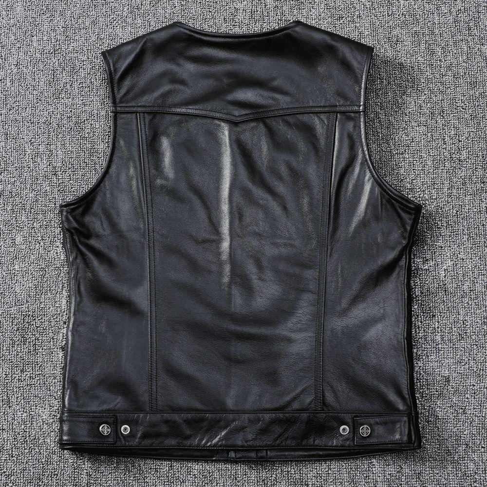 Motorcycle Vest Vest Top Layer Cowhide Genuine Leather Delicate Soft Leather Round Neck Short Slim Fit