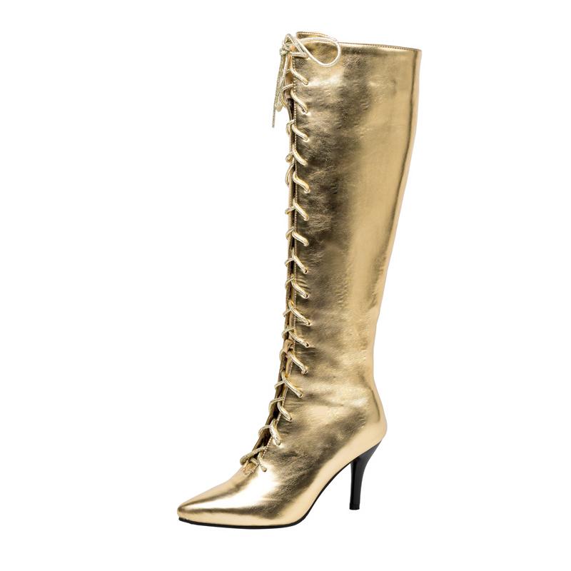 Oro Argento Stivali Donna Inverno Punta Affusolata Stringati Tacchi Alti Scarpe Performance Gruppo Ballo Festa Stivali Alti al Ginocchio Femminili