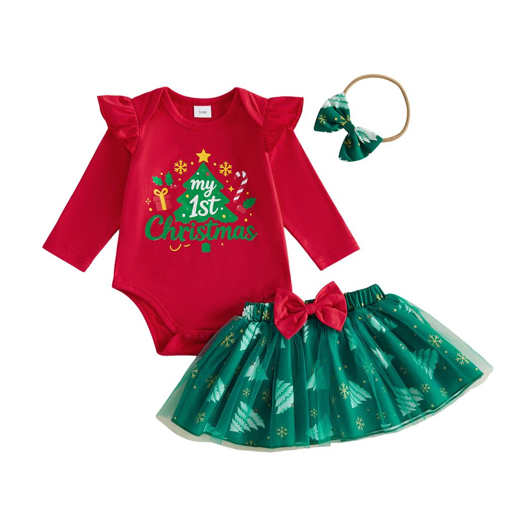Citgeett Winter Christmas Infant Baby Girl Outfit Print Long Sleeve Romper Tulle Skirt Headband Fall Xmas Clothes