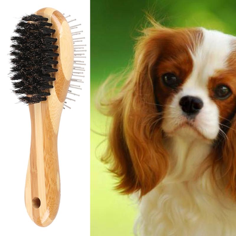 Dubbelsidig husdjursborste Trähandtag Kam för pälsvård och massage Passar alla katter och hundar med långt eller kort hår