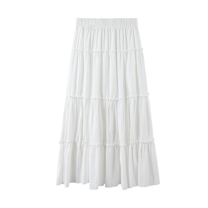 Korean Style Puffy White A-Line Skirt for Women - High Waist, Mid-Length, Spring/Summer 2025