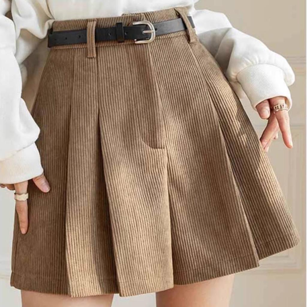 Women's High Waist Khaki Corduroy A-Line Pleated Skort for Autumn/Winter