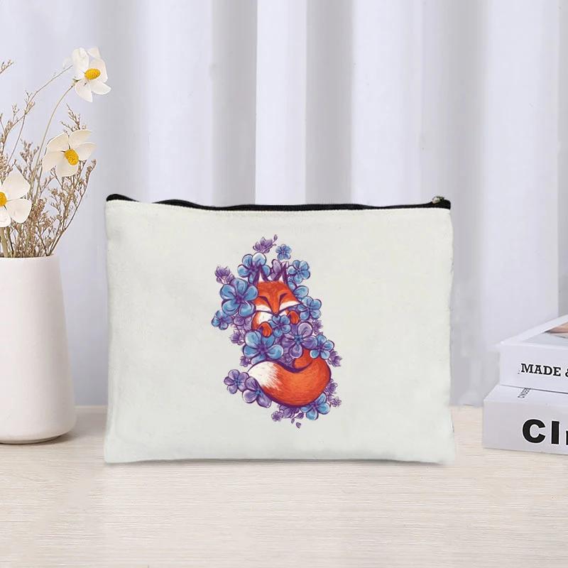 Fox Print Canvas Bag Organizer Retro Zipper Perfume Lipstick Cosmetic Bag Sundries Stationery Office Supplies Storage Pencil Bag
