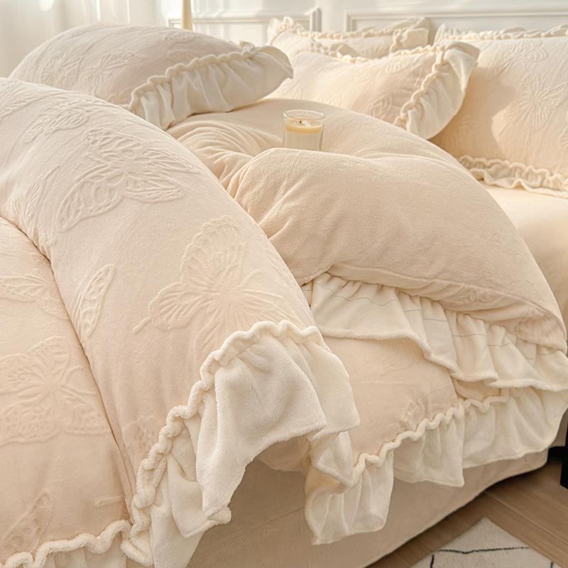 Double-Sided Thickened Milk Coral Fleece Bed Four-Piece Set Flannel Bedding Bed Skirt Fleece Sheet Quilt Cover