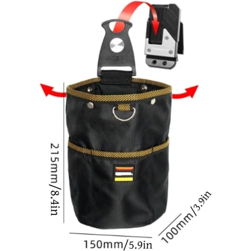 Two-tier tool and nail pouch with spring-loaded closure and detachable tool holder. Easy to attach and remove. Belt-mountable. Detachable parts case,
