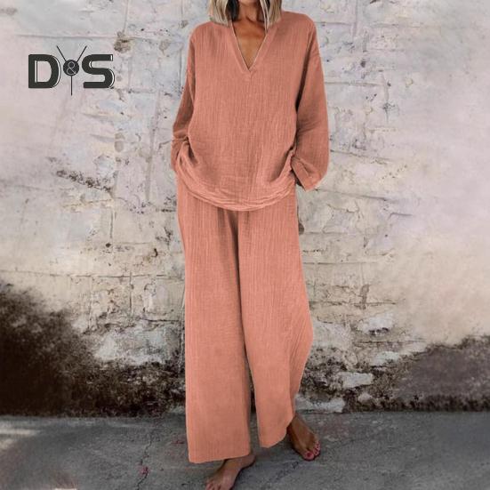 Dámský volný dvoudílný outfit top s dlouhým rukávem a výstřihem do V široké kalhoty s kapsami ležérní souprava na doma