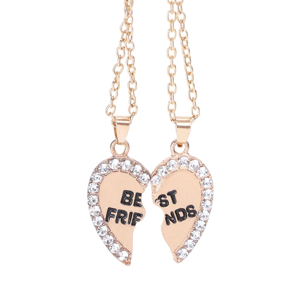 2pcs Per Set Heart Rhinestone Best Friends Engraved Pendant Friendship Necklace
