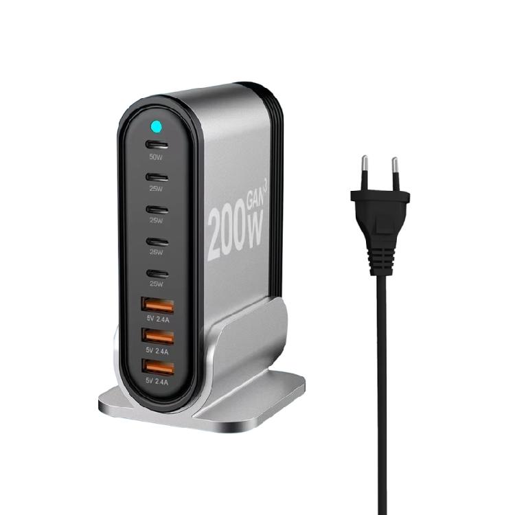 

200W Desktop Charger 8-port USB Type C Charging Holder Adapter 3xUSB 5xType C Fast Charging Dock Station Black