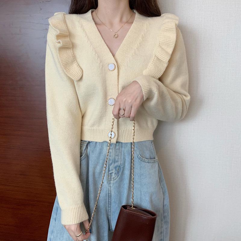 Retro V-Neck Knitted Cardigan - Women's Autumn Slim Fit, Age-Reducing Style Sweater