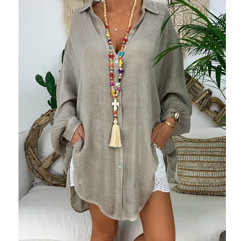 Cotton and Hemp Shirt Large Size Women's Button Loose Long Sleeve Casual Shirt Blouse