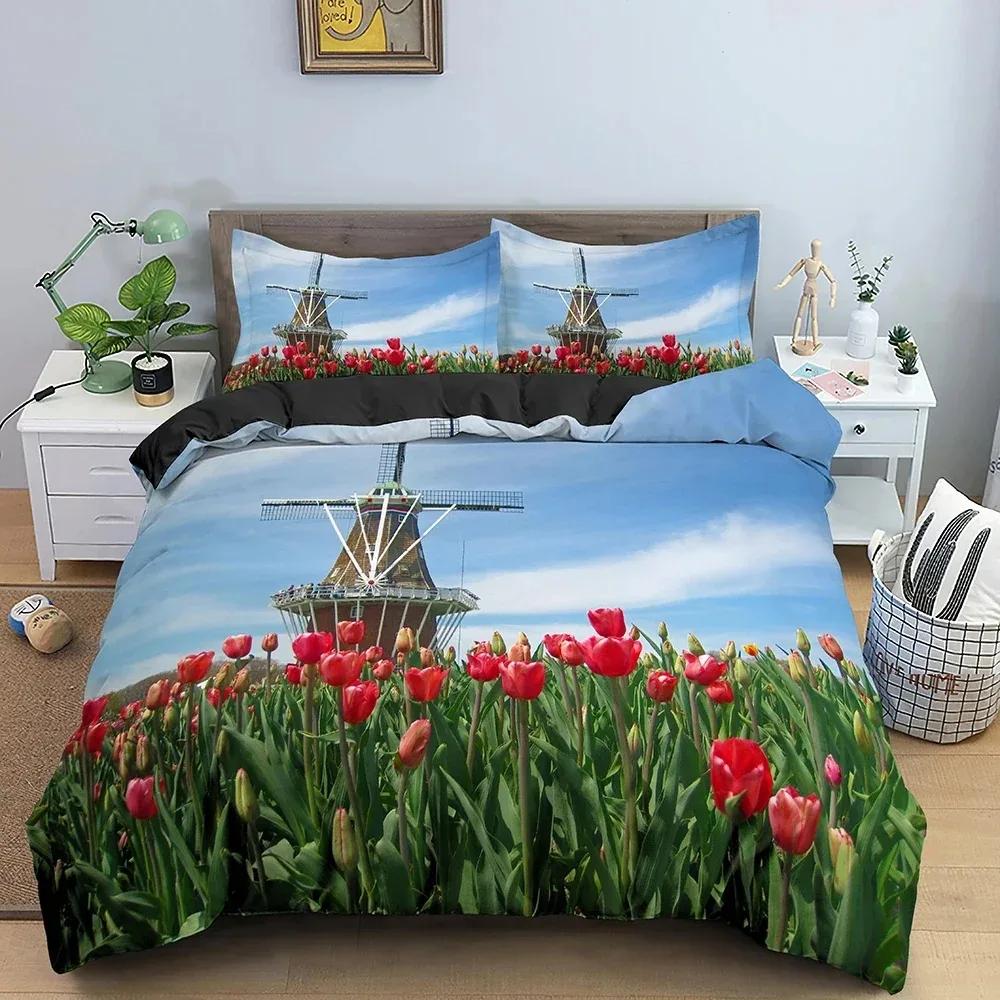 3-delat Retro Stil Sängkläder Set King Size Påslakan Sovrumsdekor Traditionella Holländska Väderkvarnar Vintage Järnvägsräls och Vagnar Sängkläder