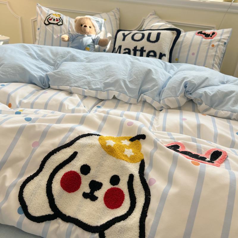 Cartoon Cotton Towel Embroidered Comforter Set Machine Washable Bed Linen Bedding Spring New Soft Breathable Fitted Sheet