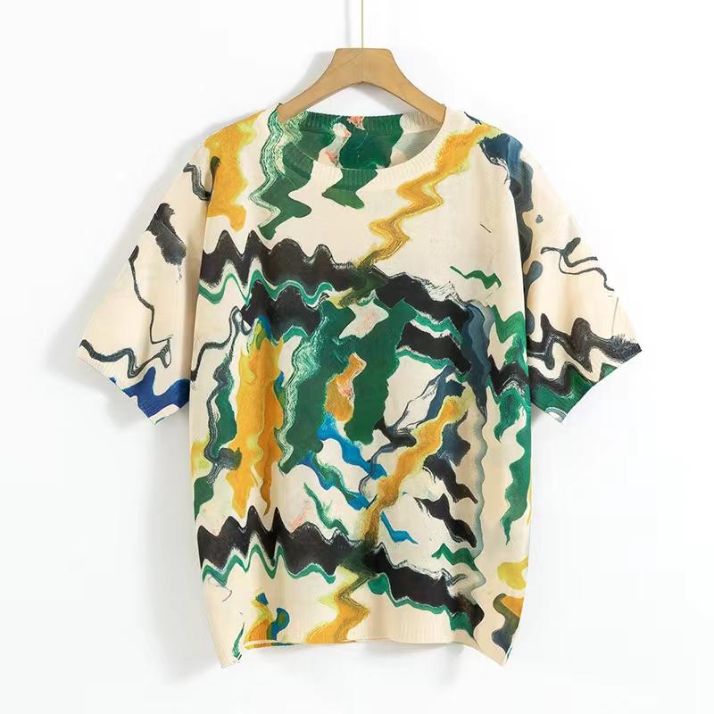 Dámské ležérní pletené topy do O s krátkým rukávem jarní pletené svetry s květinovým potiskem dámské prodyšné triko