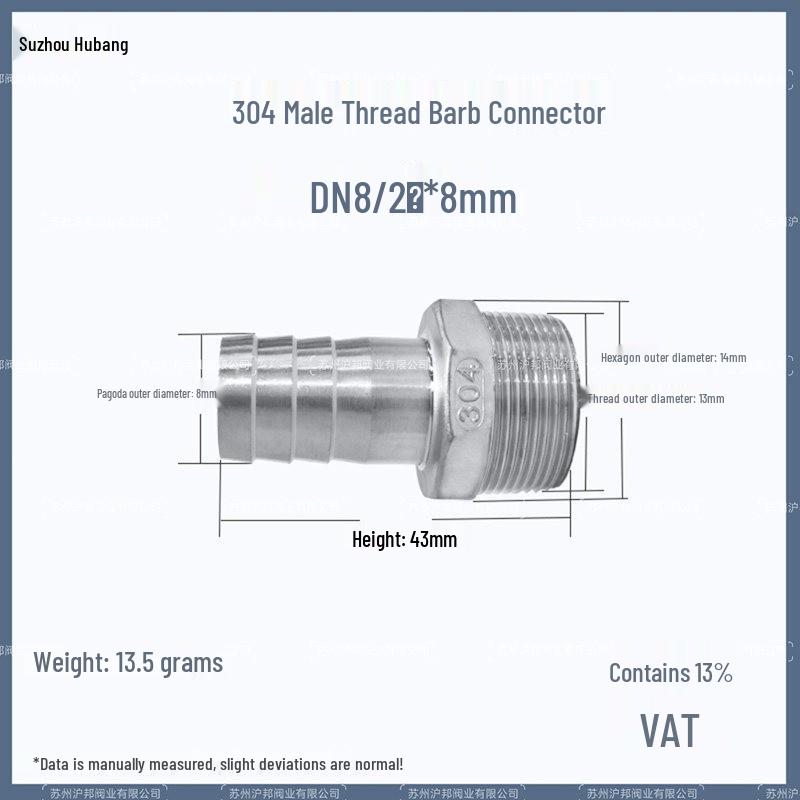 1" Hexagonal Barb Connector, 304 Stainless Steel for Water Pipe Hose, 316 Male Thread Plug