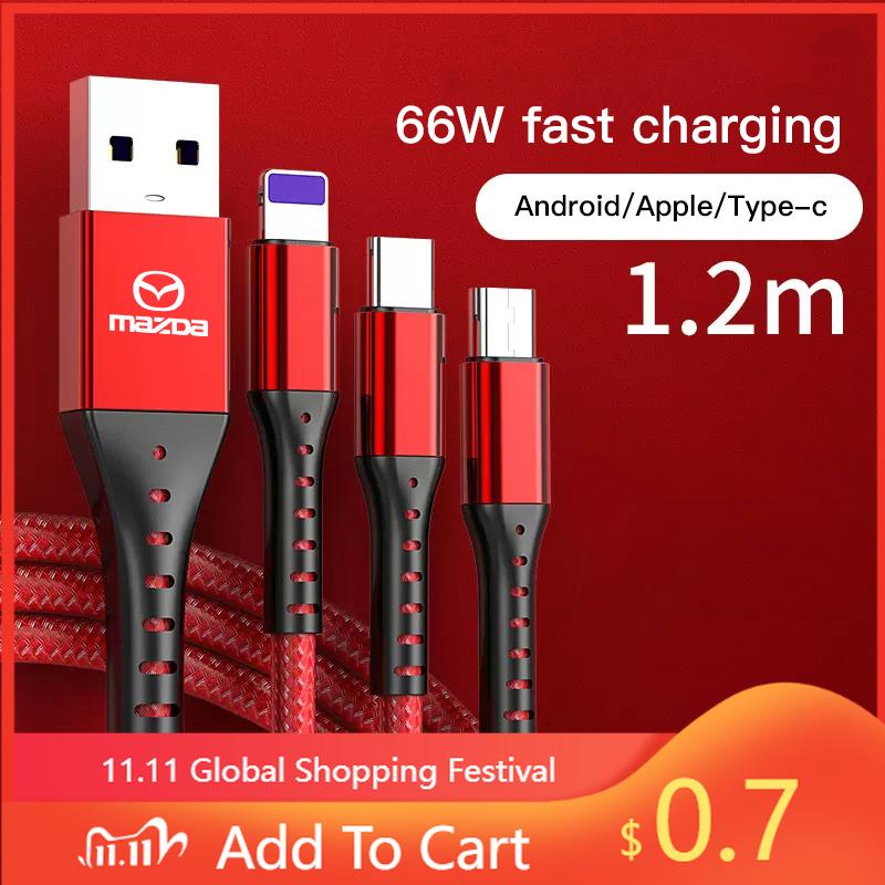 2025 Heißes 5A Datenkabel 66W Schnellladekabel Auto USB Schnellladung 3 in 1 für Mazda 2 6 3 CX5 CX80 CX70 CX90 MX30 CX60 CX50 CX30