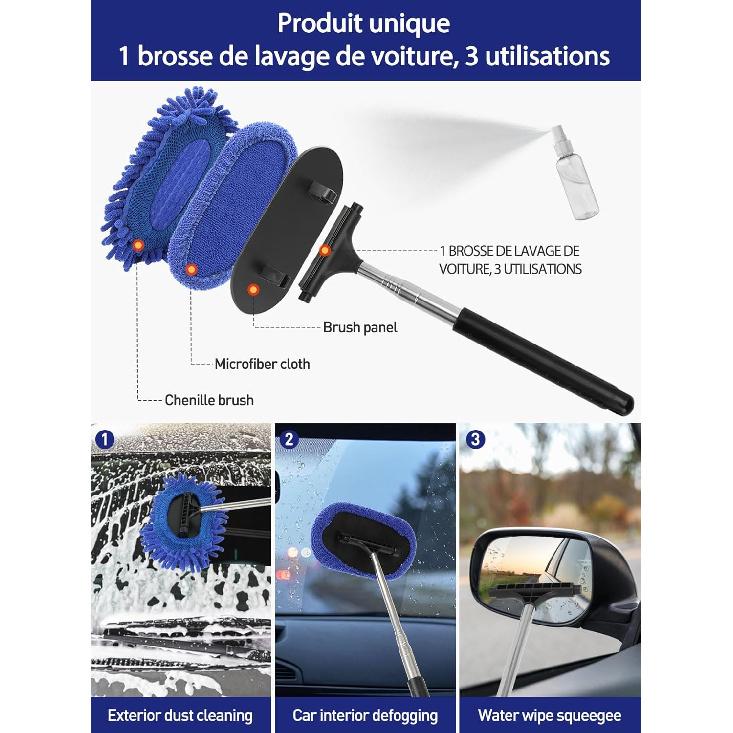 3 In 1 Car Windshield Cleaner Tool 40”Car Rearview Mirror Wiper Squeegee Wash Brush Extra Large Washable Microfiber Pad Extendable Handle Auto