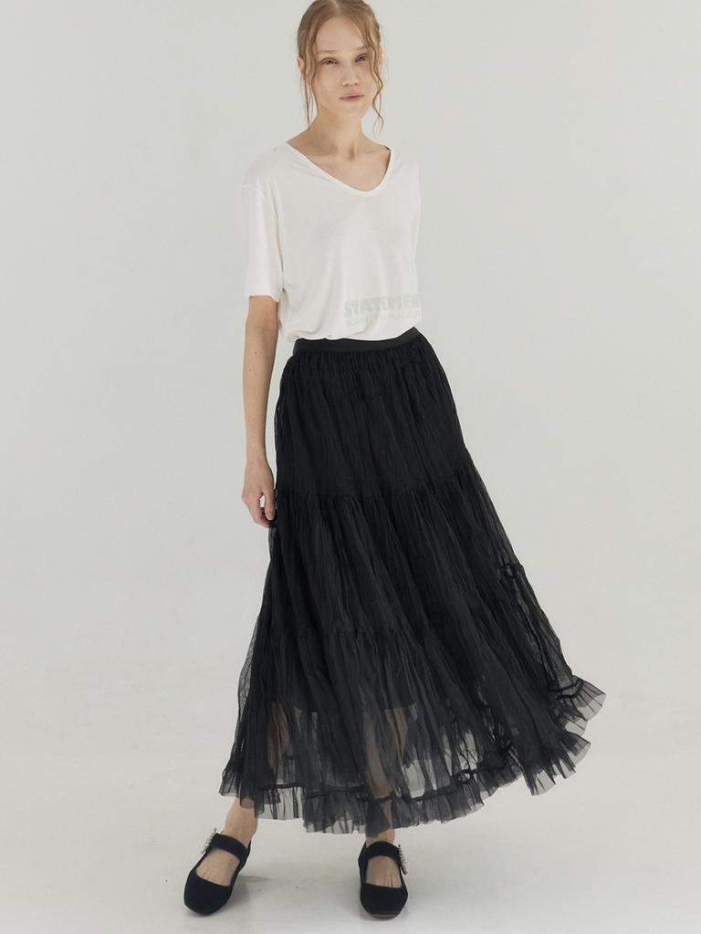 SORRY, TOO MUCH LOVE Tiered Tulle Maxi Skirt_Black