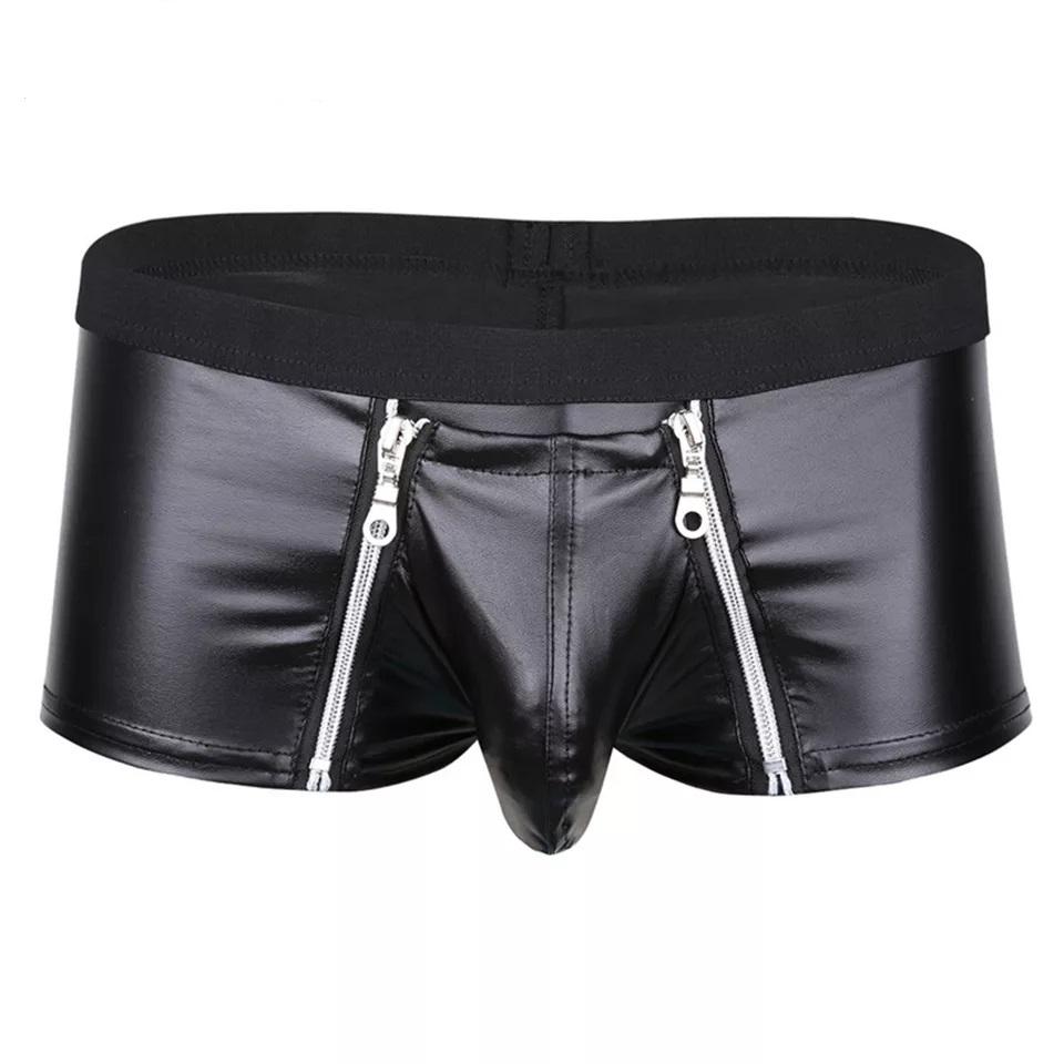 Mens Sexy Leather Lingerie Open Crotch Short Pants For Sex Soft Latex Fetish Boxer Crotchless Leather Underwear Bulge Pouch SexiGood Product