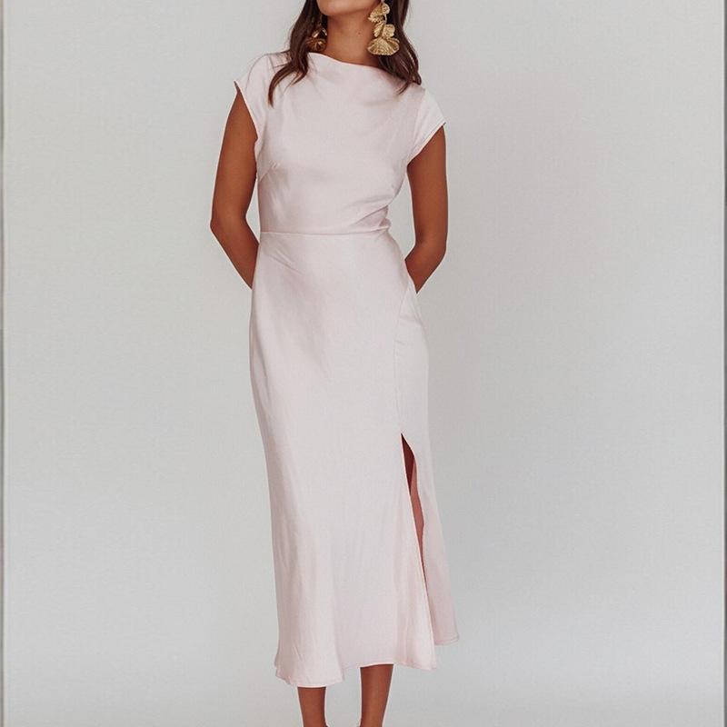 

Spring new, fashionable and elegant round neck solid color split-cut slim dress 3XL світло-рожевий колір