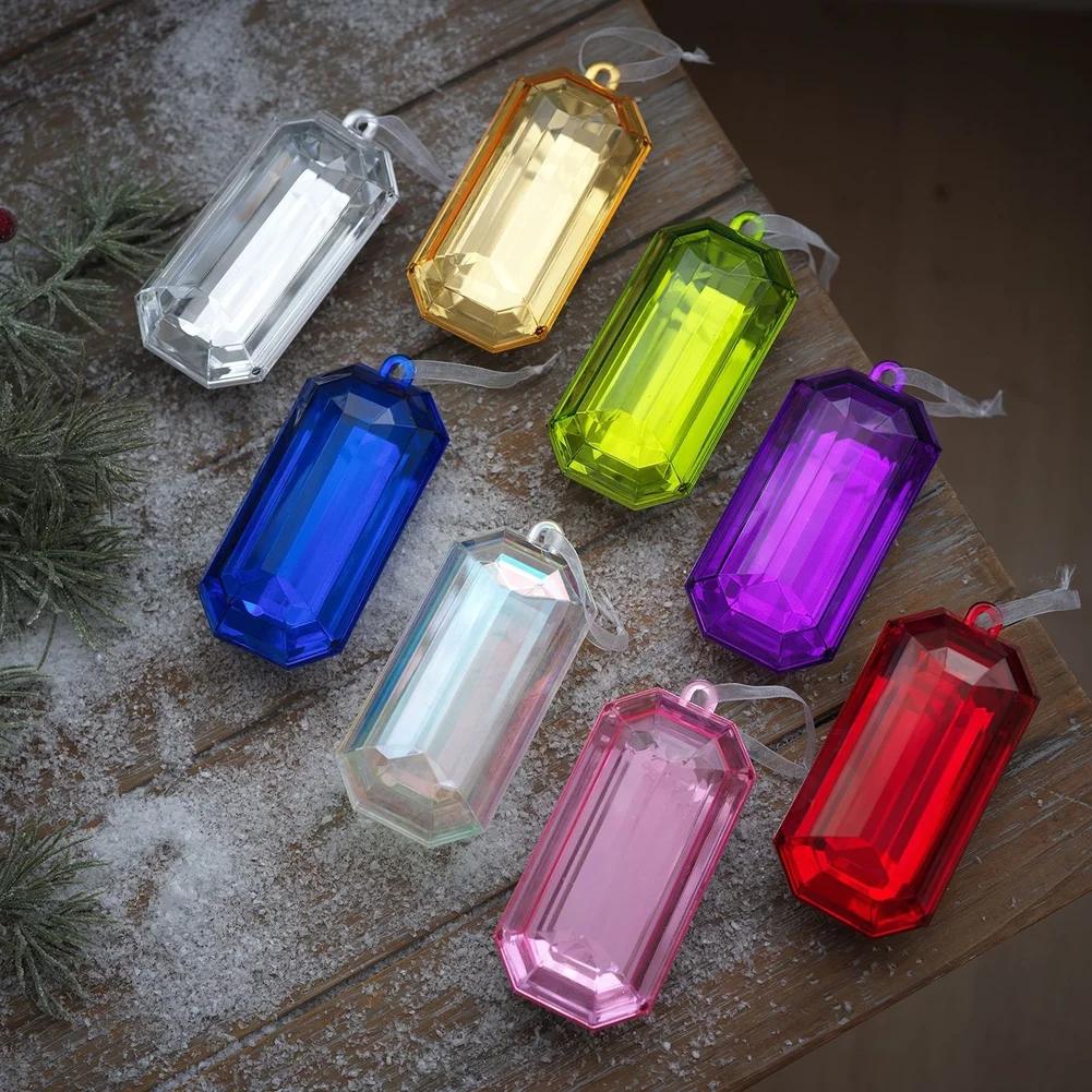 1pc Plastic Christmas Tree Ornaments Square Gemstone Pendant Colorful Snowflake Xmas Hanging Tree Pendants Home Party Decor