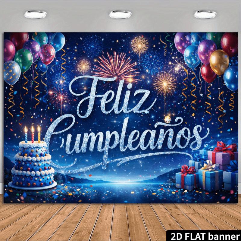 Birthday background fabric with a deep blue sky background filled with twinkling stars and fireworks effects 47.2x31.5inch/120*80cm