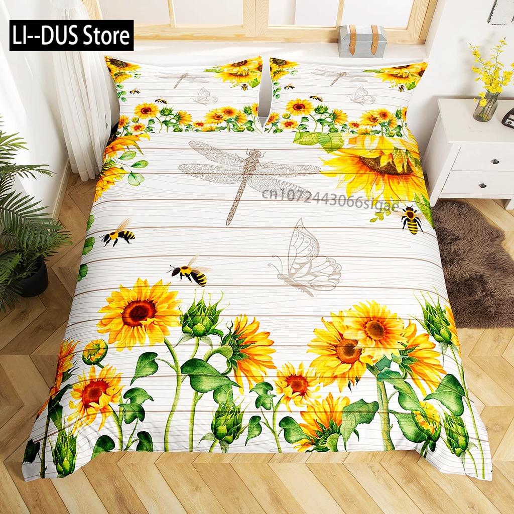 Yellow Sunflower Comforter Set Butterfly Bedding Set for Kids Girls Teens WomenCountry Floral Quilt Duvet Sets 2 Pillow Cases