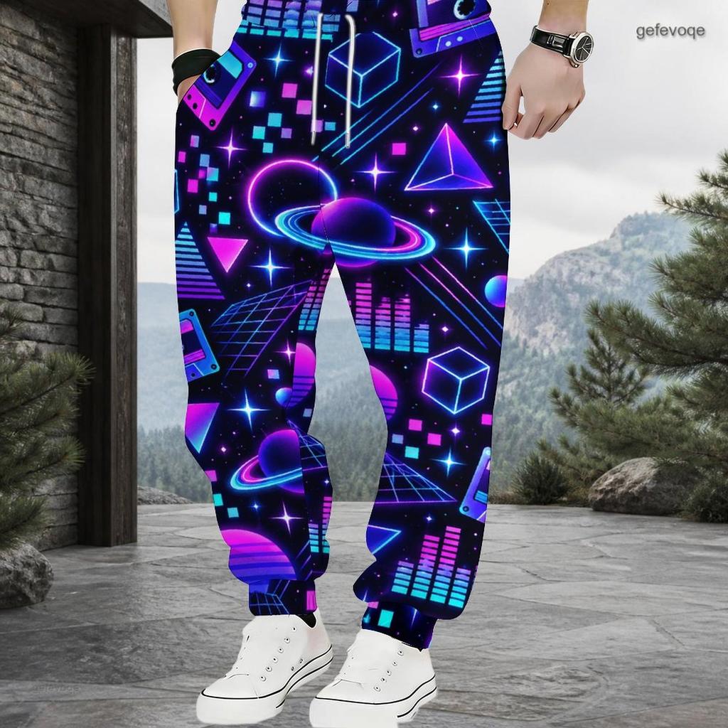 Men s Plus Size Black White Geometric Printed Drawstring Cuffed Ankle Jogger Pants With Side Pockets