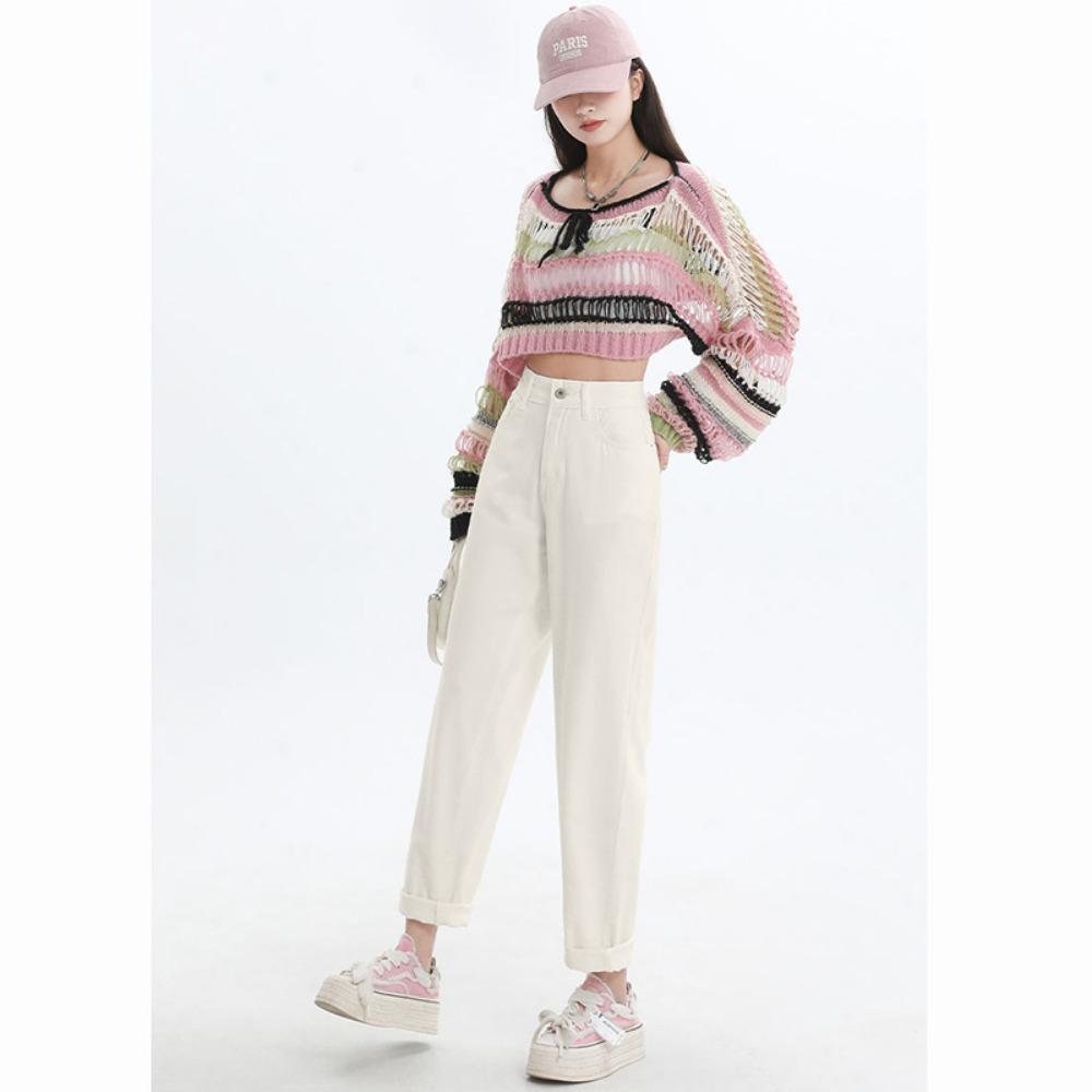 

Модные бежевые джинсы Харлан женские 2025 с высокой посадкой простые повседневные универсальные и стройнящие джинсы тренд 2XL