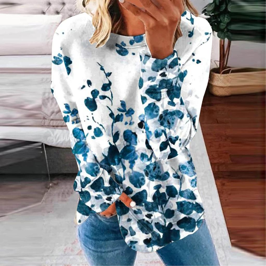 Damen Casual Fashion Print Langarm Rundhals Pullover T-Shirt Top