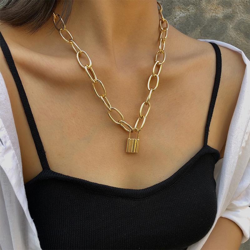 Simple Metal Lock Pendants Punk Necklaces for Women Gold Hollow Pendant Chain Personality Gothic Neck Jewelry