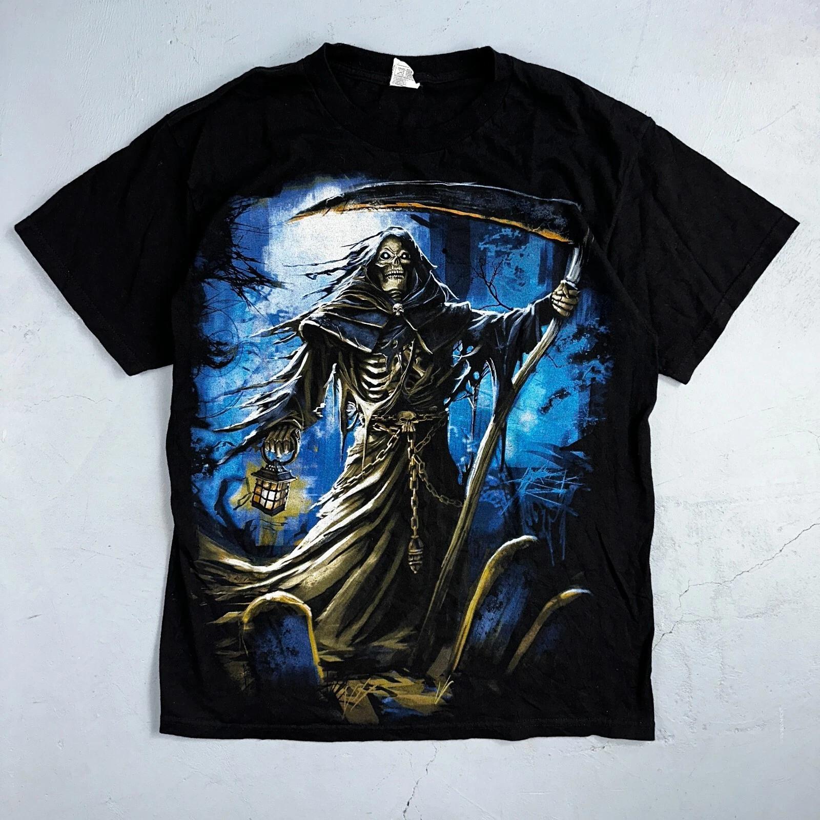 

Vintage Grim Reaper T-Shirt Grunge Skulls Black Graphic Music Metal Heavy Y2K 4XL