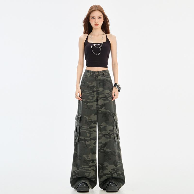 

Women s 2025 Spring High-Waist Camouflage Multi-Pocket Straight Narrow-Leg Workwear Jeans L