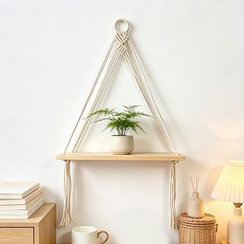 Boho Style Cotton Rope Hanging Wooden Shelf Wall Mounted Floating Rack Nursery Bedroom Decor Storage