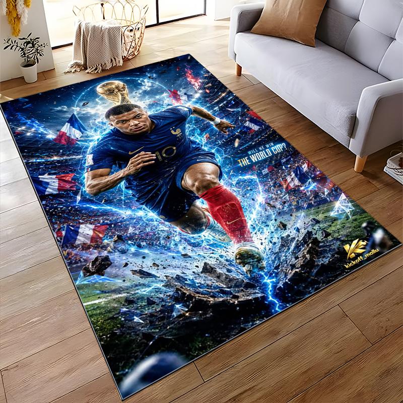 "Dynamic Footballer and Trophy Blue Theme Rug" Non-slip Rug Suitable for Living Room and Bedroom Sofas Sofas.
