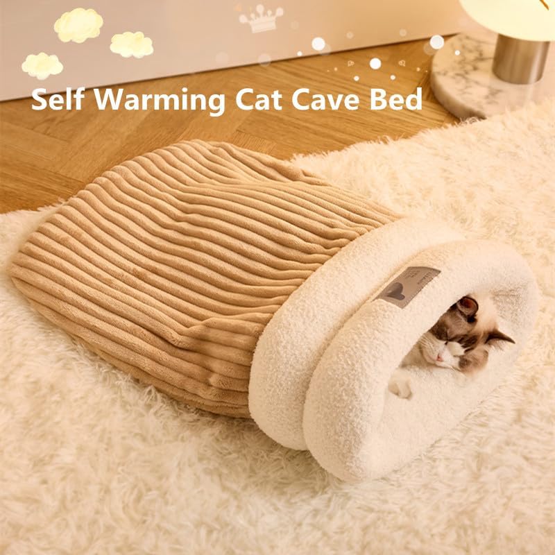 Cat Sleeping Bag Bed, Winter Soft Plush Sack Self Warming Cave Bed for Indoor Cats, Hideaways Pet Snuggle Sack for Kitten Puppy (Blue, L-21 x18)