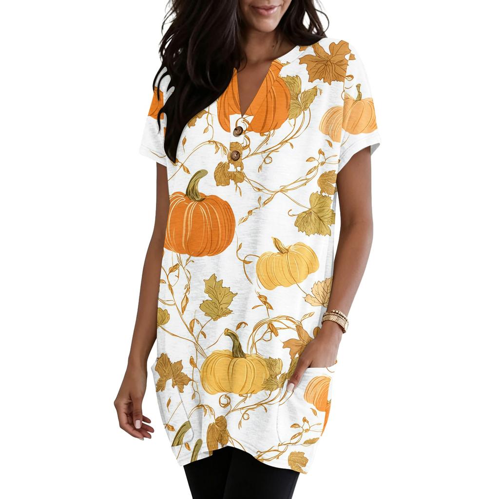Women's V Neck Pullover Dress Halloween Print Short Sleeve Pocket Casual Loose Fit Tunic Dress