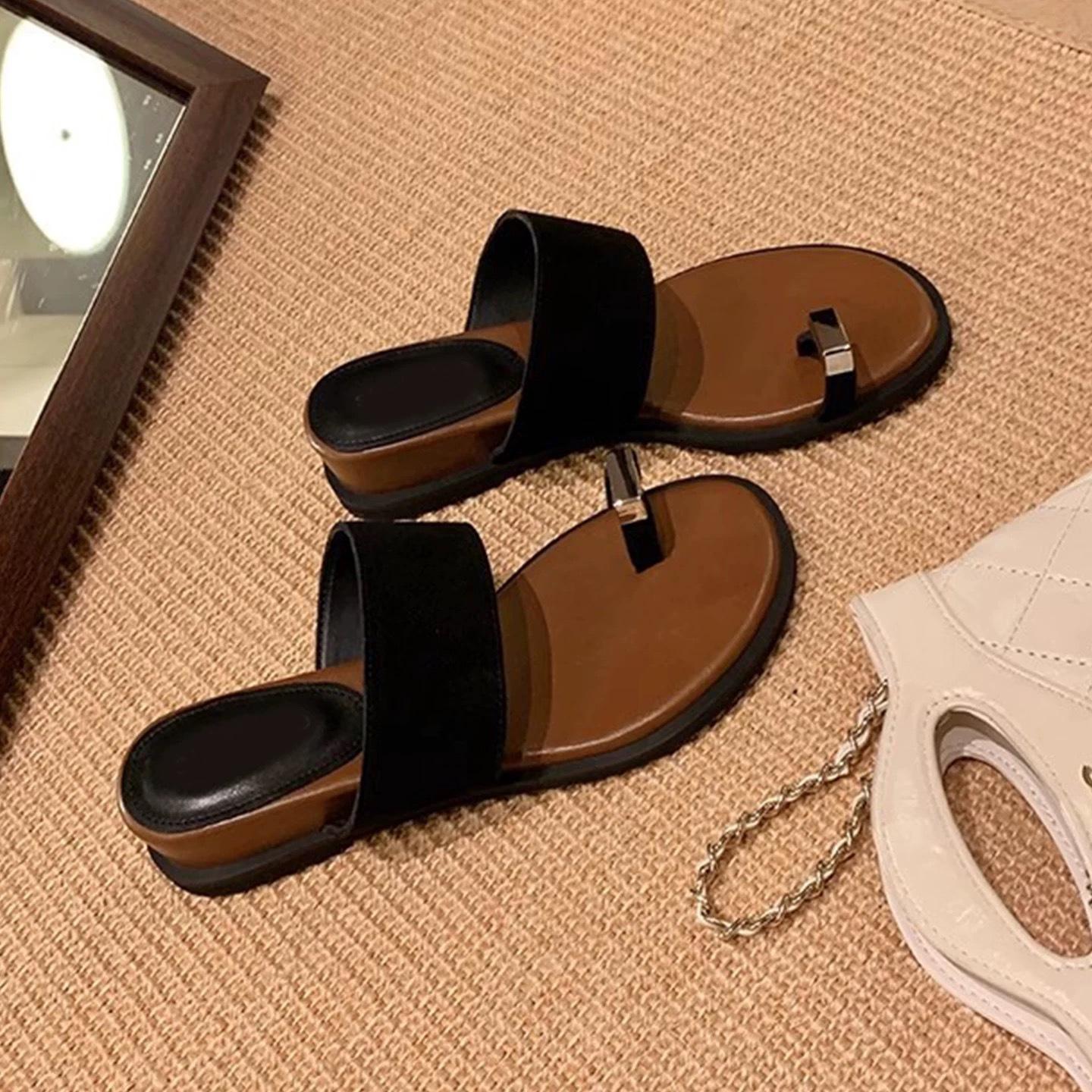 

New retro thick bottom heightening word with outer wear beautiful temperament toe cool slippers summer 35 чёрный