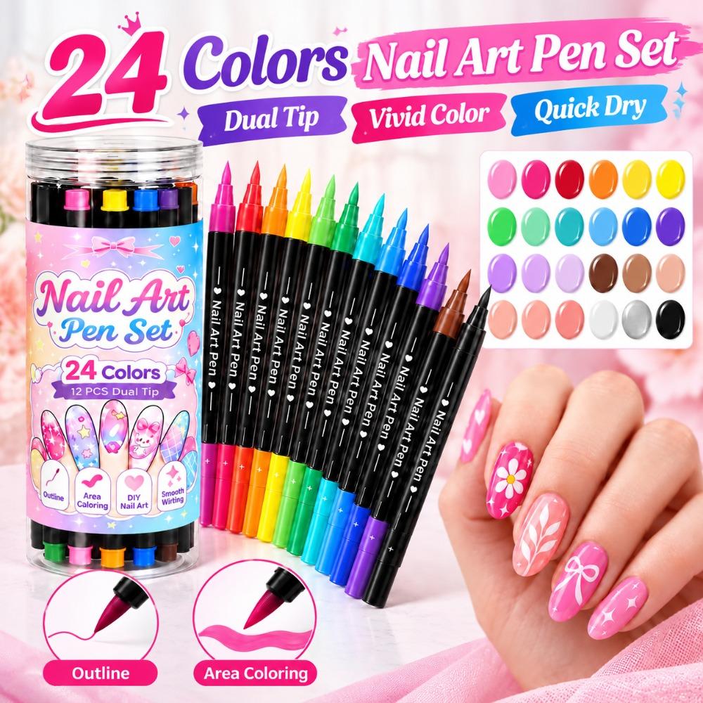 Vivid Color Nail Marker Dual Tip Nail Drawing Pen Set Portable Nail Art Pen Salon Manicure