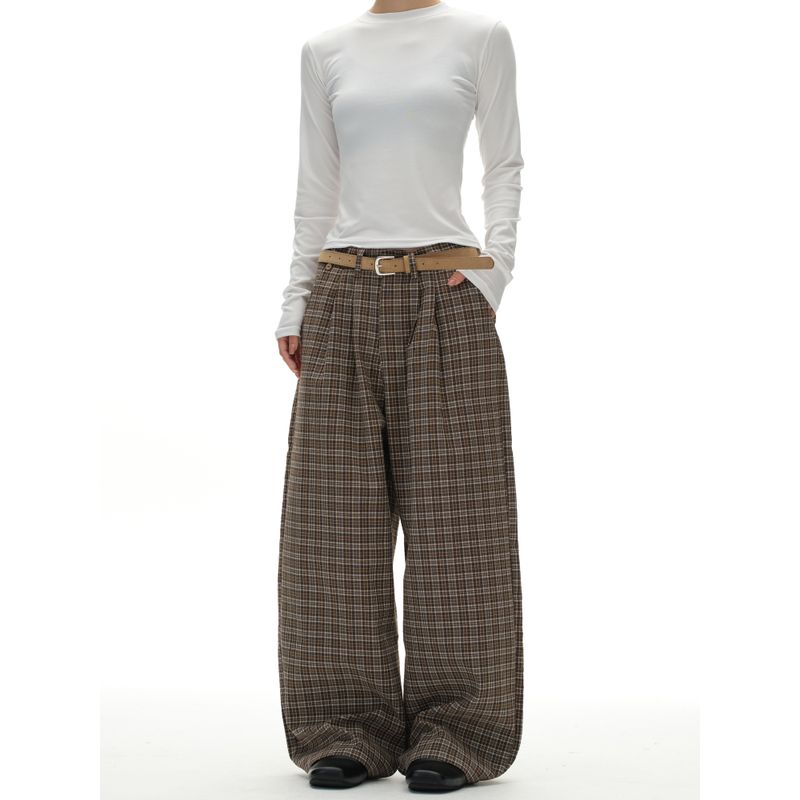 Kisko American Retro Double-Pleated Brown Plaid Drape Casual Pants for Men and Women, High-End Loose Straight-Leg Long Pants