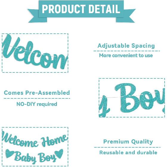 Welcome Home Baby Boy Banner - It's a Boy Baby Shower Decor, Little Sweet One Gender Reveal Baby Shower Decorations Blue Glitter