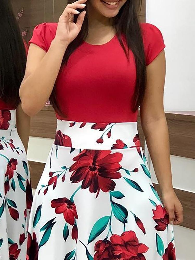 2018 Autumn Hot-Selling European & American Floral Print Color Block Long Women's Dress