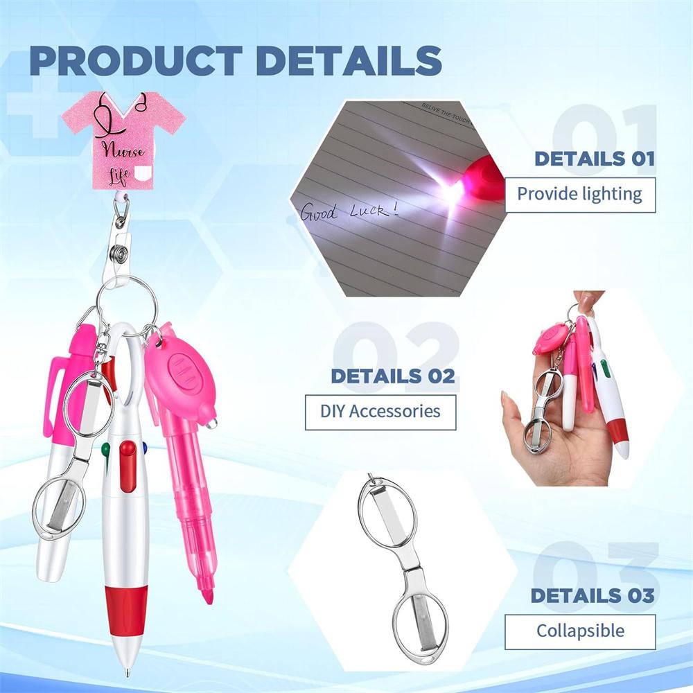 6-In-1 Multifunction Retractable Ball Pen Set Flashlight Foldable Scissors Ballpoint Pen Keychain Nurse Pens Permanent Marker