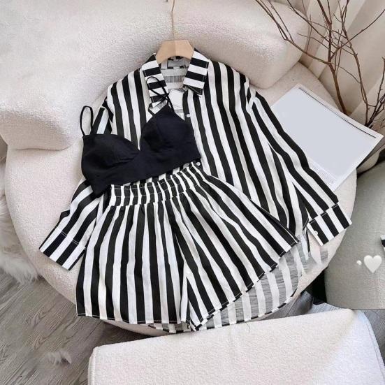 Dámská pruhovaná košile a šortky Sada Dvoudílný oblek Volný střih Ležérní košile Kalhoty Jednobarevný Top s dlouhým rukávem Krátké letní outfity pro ženy